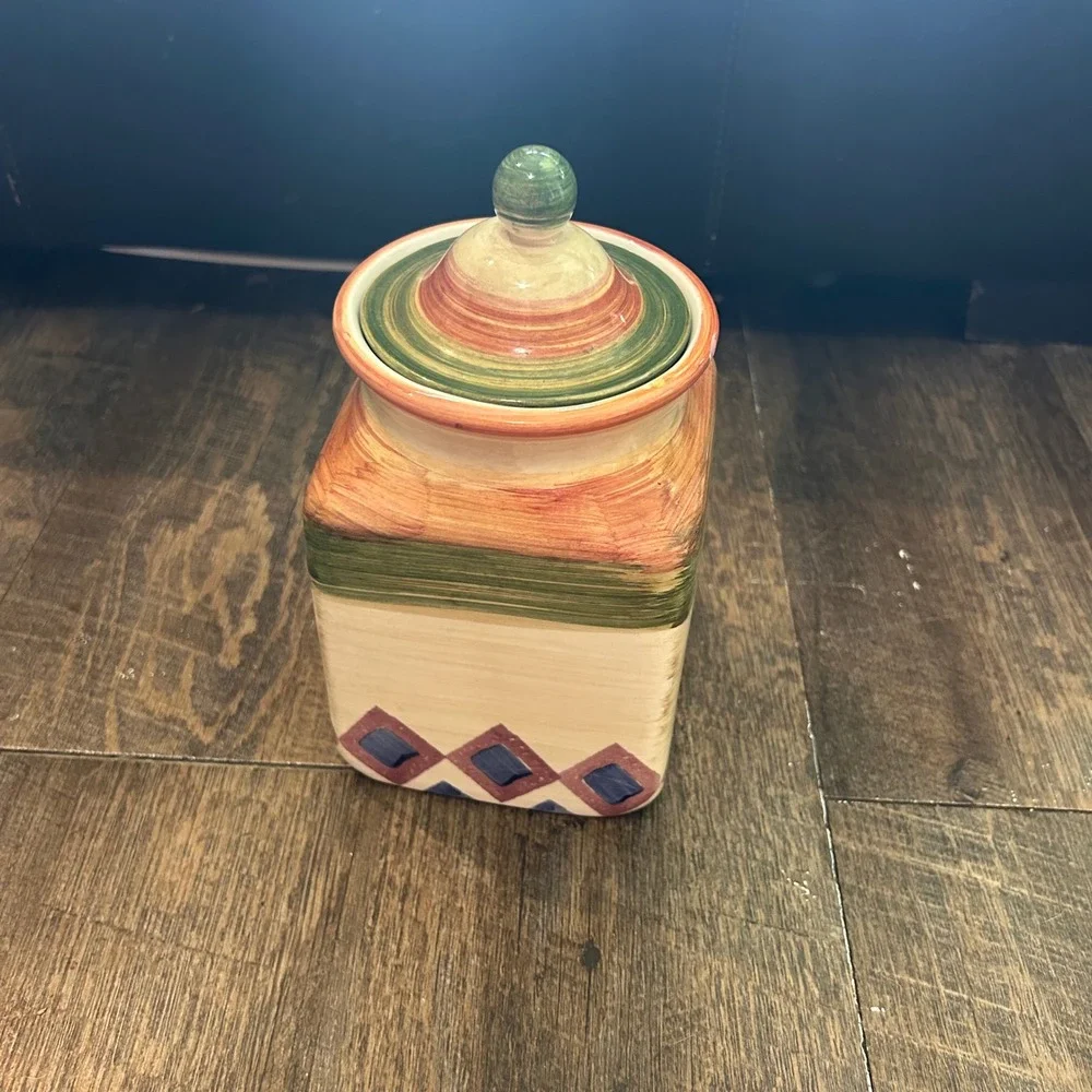 Horchow Italy Hand Painted‎ Ceramic Canister Square Mediterranean Jar 5361/22